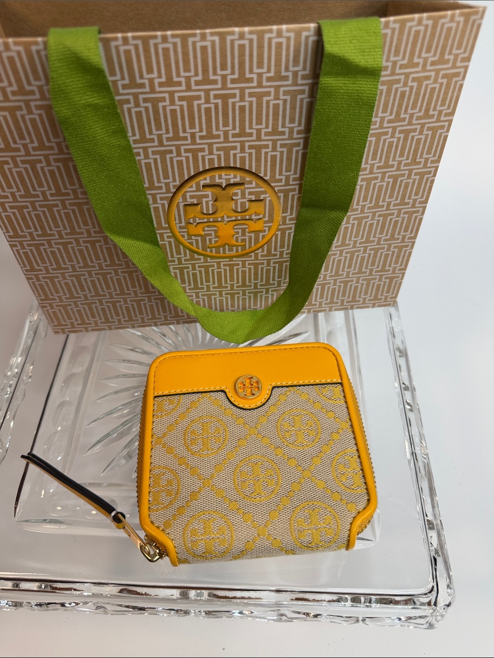 Tory Burch Yellow/gold T Momogram jacquard bifold wallet. New- no tags